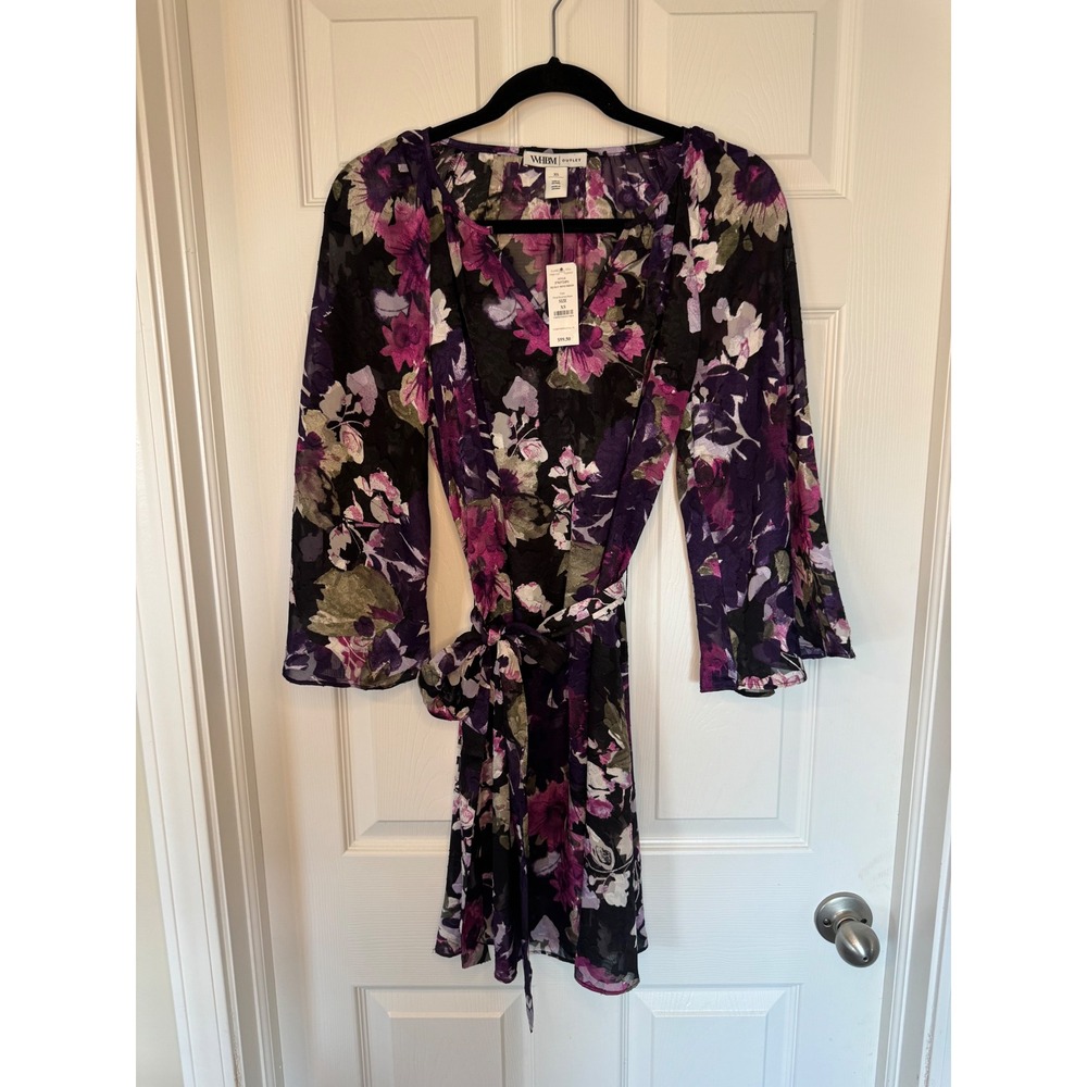 White House Black Market Floral Mini Dress Purple Black 3Q Slv 570372491 XS NEW